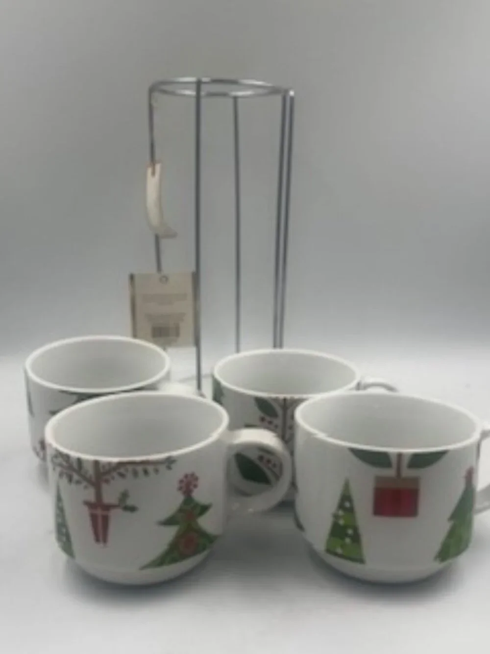 Vintage Pier 1 Christmas Tree Stacking Mugs with metal rack 1990’s era NWT